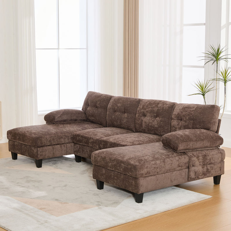 U-Shaped Sectional Sofa 103.5" Black Chenille Fabric Couch With Dual Chaise Lounges, Storage Pockets, Armrest Pillows