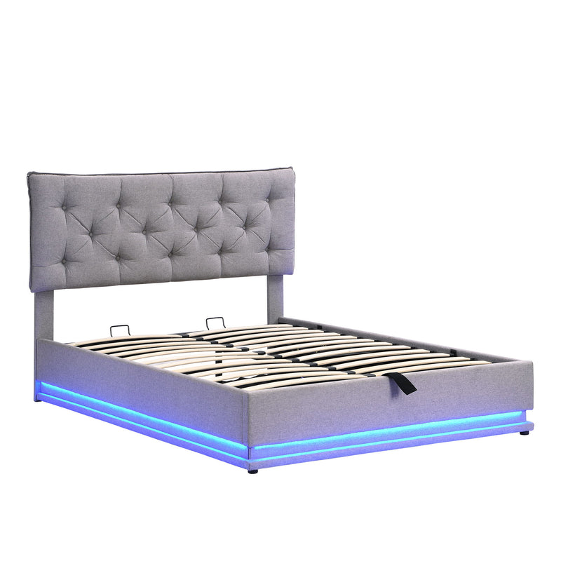 Upholstered Bed With Hydraulic Storage System And LED Light, Modern Platform Bed With Button-Tufted Design Headboard