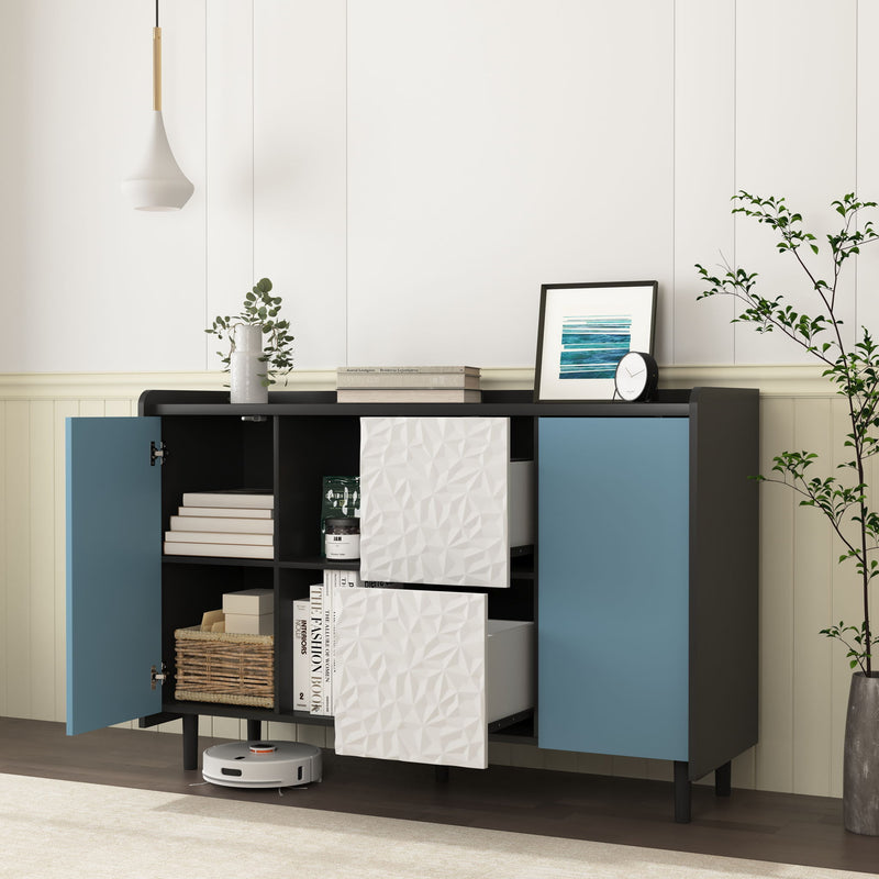 Modern Sideboard Buffet Cabinet With Red Doors And Unique Panel Styling