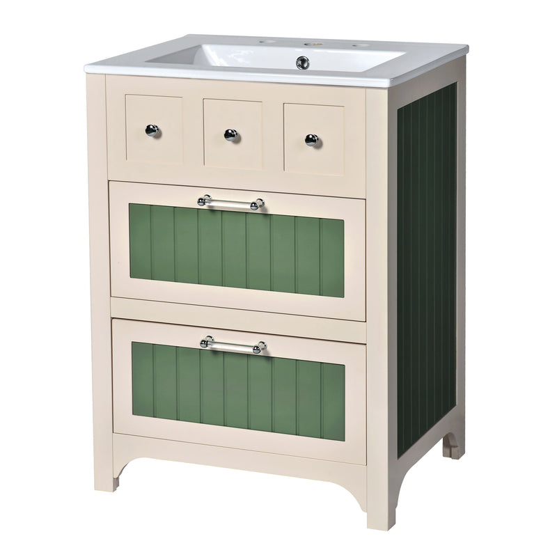 Bathroom Vanity With Ceramic Sink, Bathroom Vanity Cabinet With 2 Drawers, Wooden Bathroom Sink Cabinet - Beige / Green