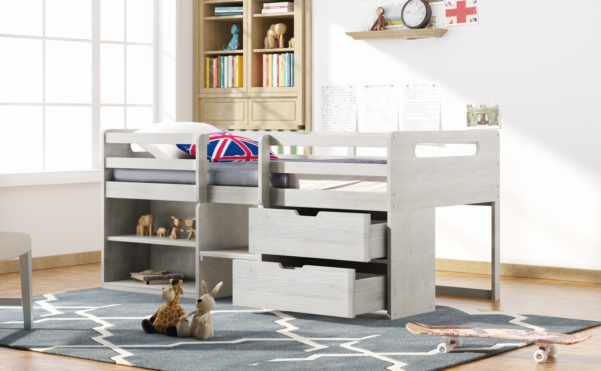 Twin size Loft Bed with Two Shelves and Two drawers (Antique White) - Atlantic Fine Furniture Melbourne FL