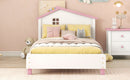 Twin Size Wood Platform Bed with House-shaped Headboard  (White+Pink)