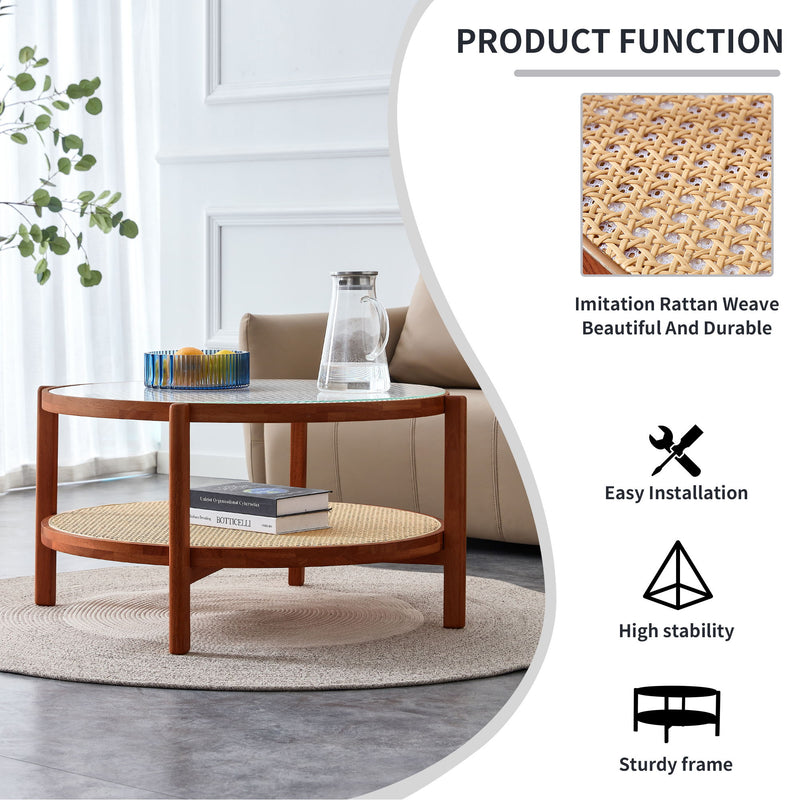 Modern Style Circular Double Layer Tea Table With Rattan Weave