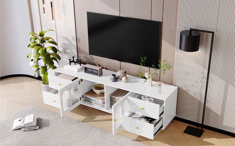 Modern TV Stand With Glass Door, 4 Drawers And 2 Cabinets