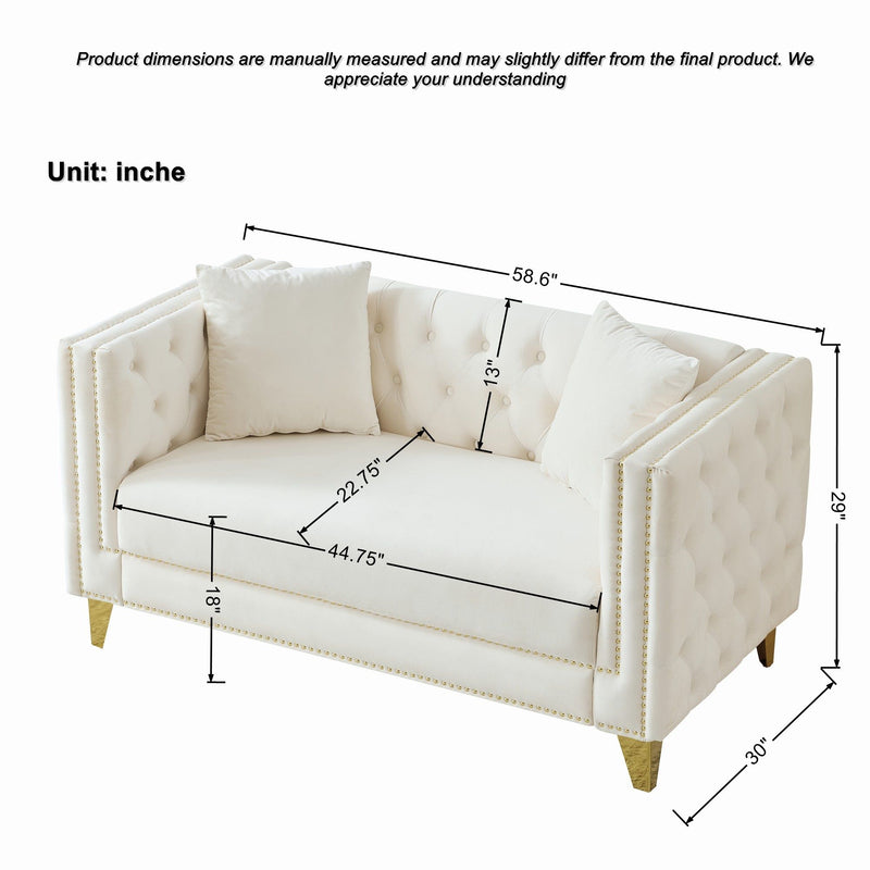 2 Seater Deep Seat Sofa, Sofa With Button Nailhead, Square Arm Couches, Furniture For Living Room - Beige