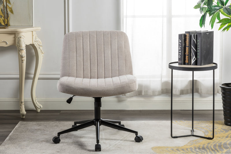 Cross Legged Office Chair, Wide Comfty Desk Chair, Vanity Home Chair, Armless Computer Task Chair With Wheels, Swivel And Height Adjustable - Beige