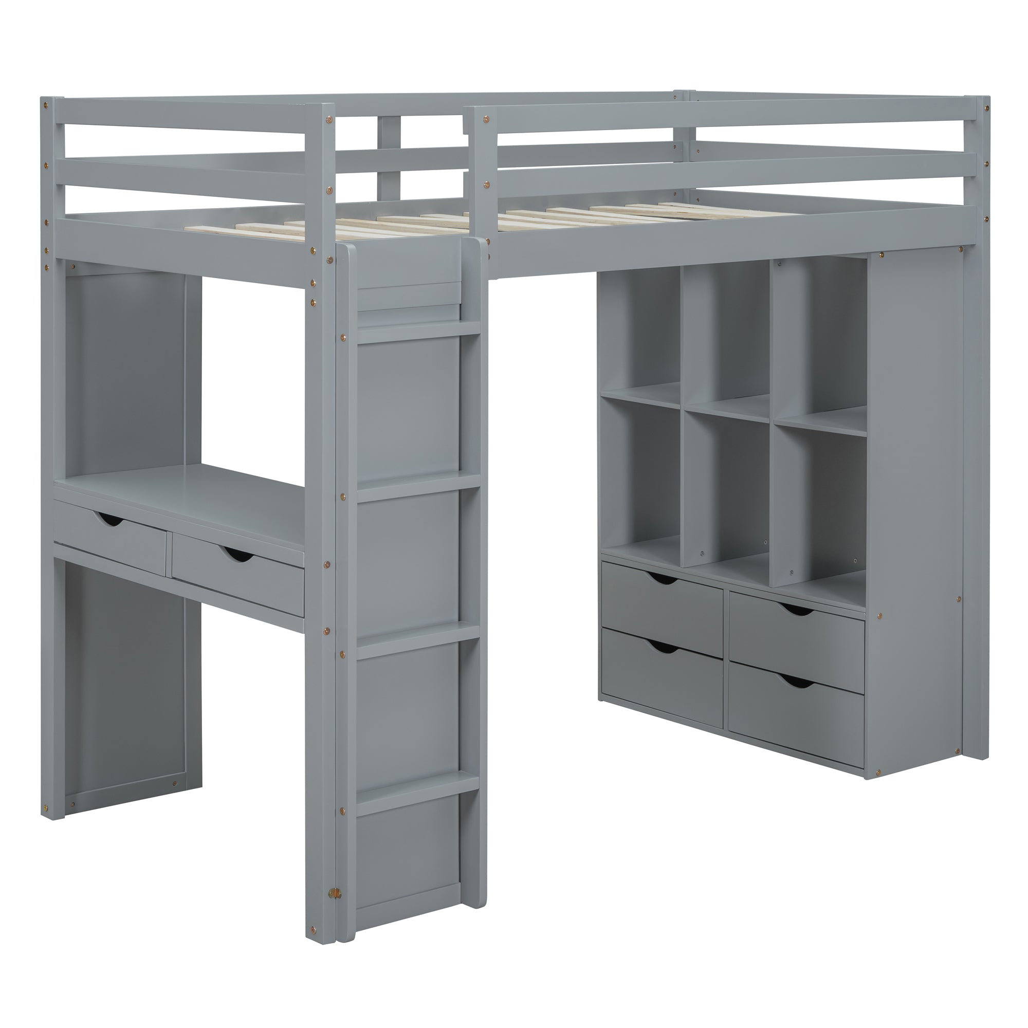 Twin Size Loft Bed with large shelves, writing desk and LED Light, Gray - Atlantic Fine Furniture Melbourne FL