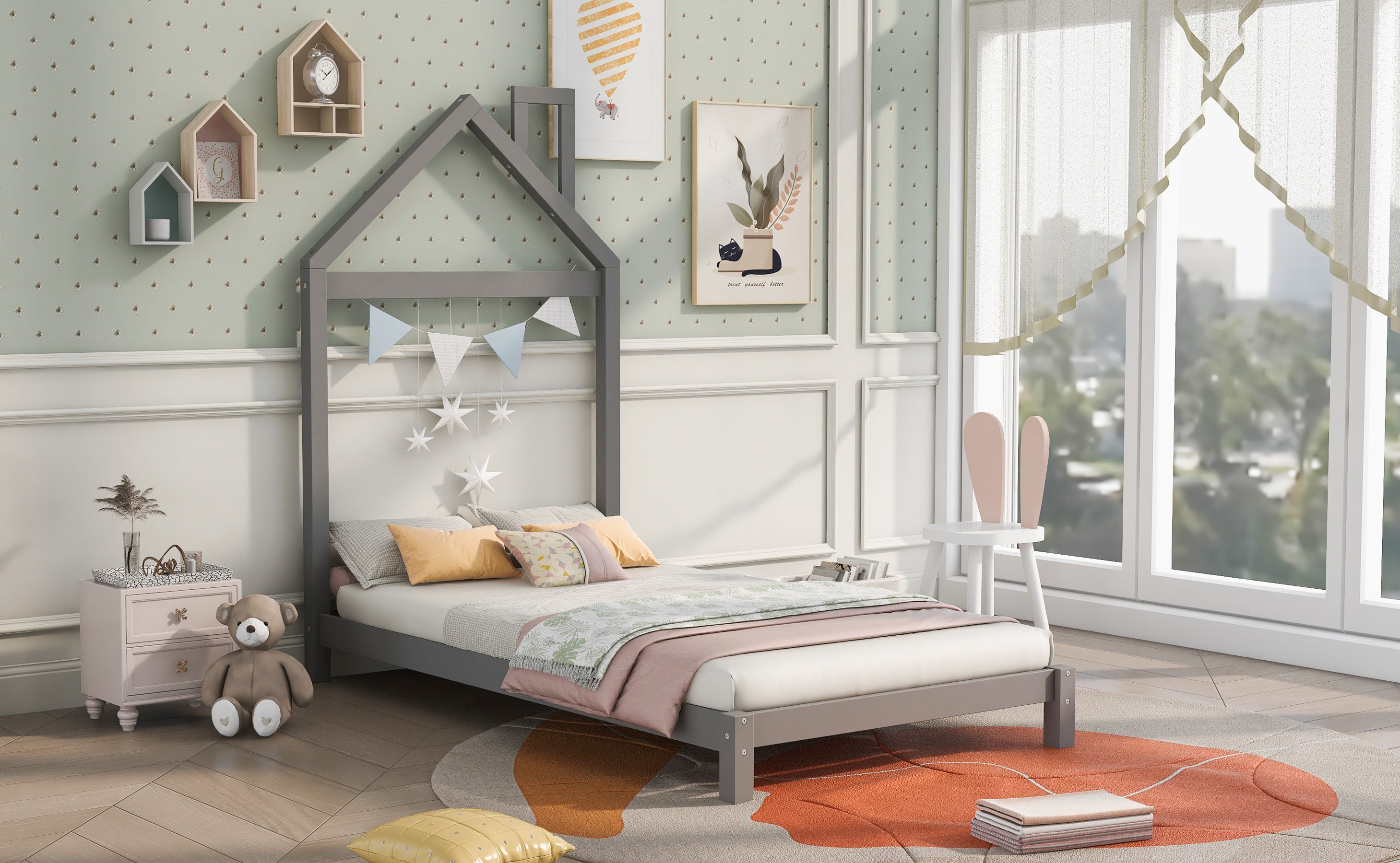 Twin Size Wood Platform Bed with House-shaped Headboard  (Gray) - Atlantic Fine Furniture Melbourne FL