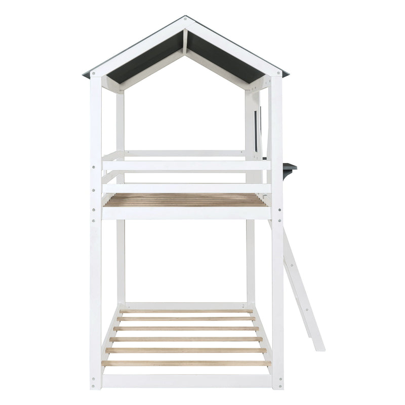 Twin Over Twin Bunk Bed With Roof, Window, Guardrail, Ladder