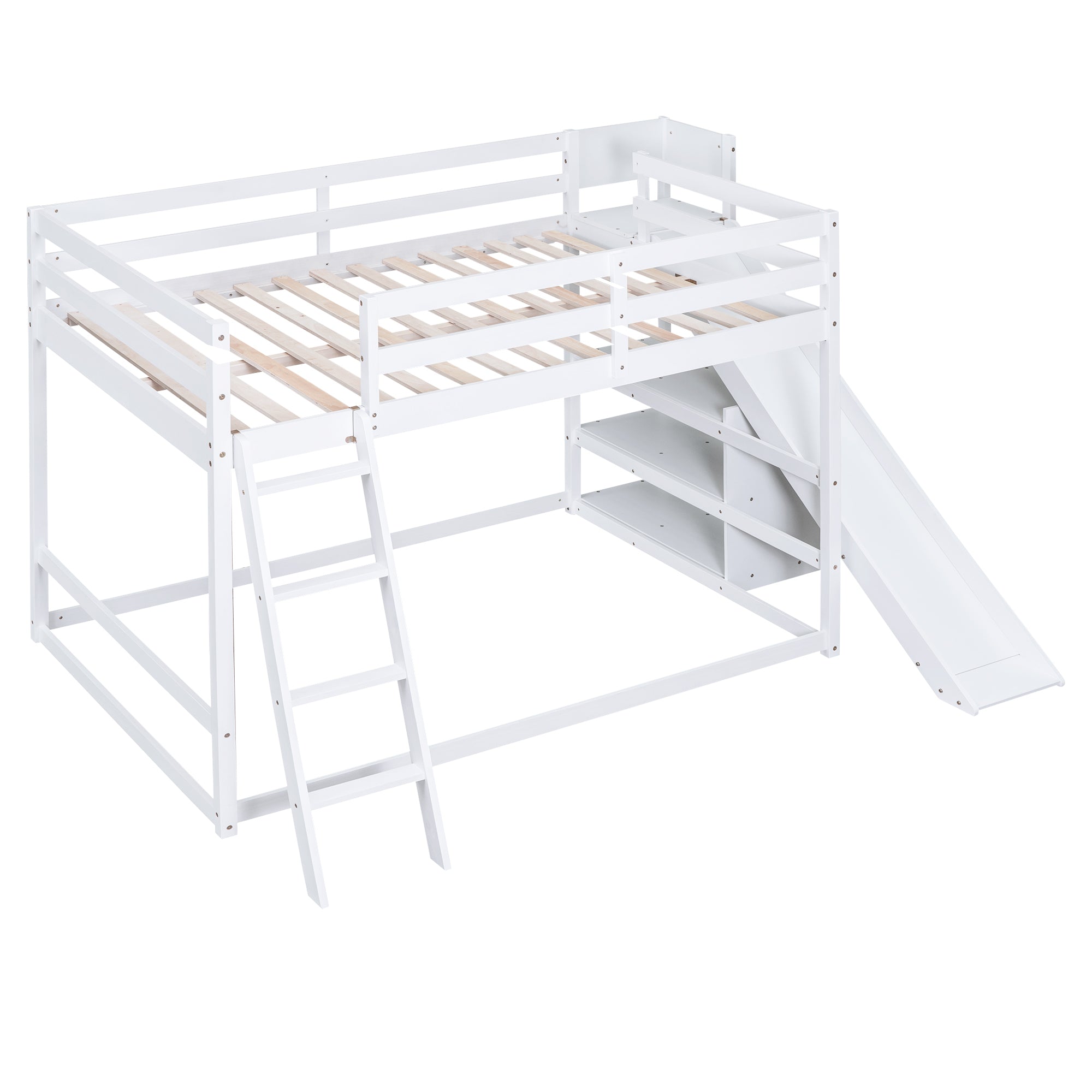 Full over Full Bunk Bed with Ladder, Slide and Shelves, White - Atlantic Fine Furniture Melbourne FL