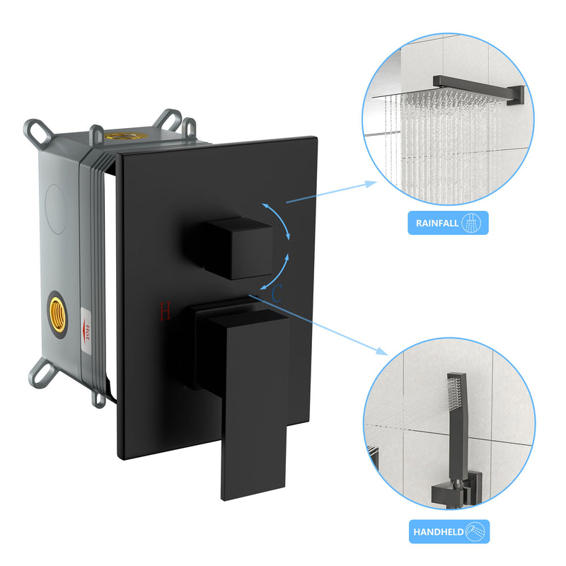 Wall Mounted Square Shower System With Waterfall Tub Spout And Rough In Valve - Matte Black