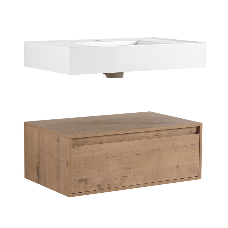 Modern Wall Mounted 30 Inch Bathroom Vanity With Resin Sink And 2 Side Cabinet In Imitative - Imitative Oak