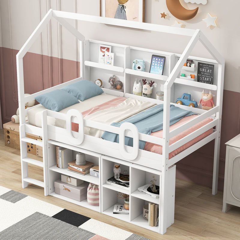 Twin Size House Loft Bed with Multiple Storage Shelves, White