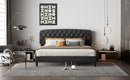 King size Adjustable Headboard with Fine Linen Upholstery and Button Tufting for Bedroom,  Wave Top  Dark Grey