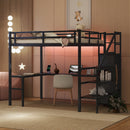 Full XL Size Loft Bed with L-shaped Desk and USB, Metal Loft Bed with Wardrobe and Adjustable Shelf, High Loft Bed with LED for Kids Teens Adults, Black