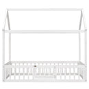 Twin Size Wood House Bed with Fence and Door, White Wash