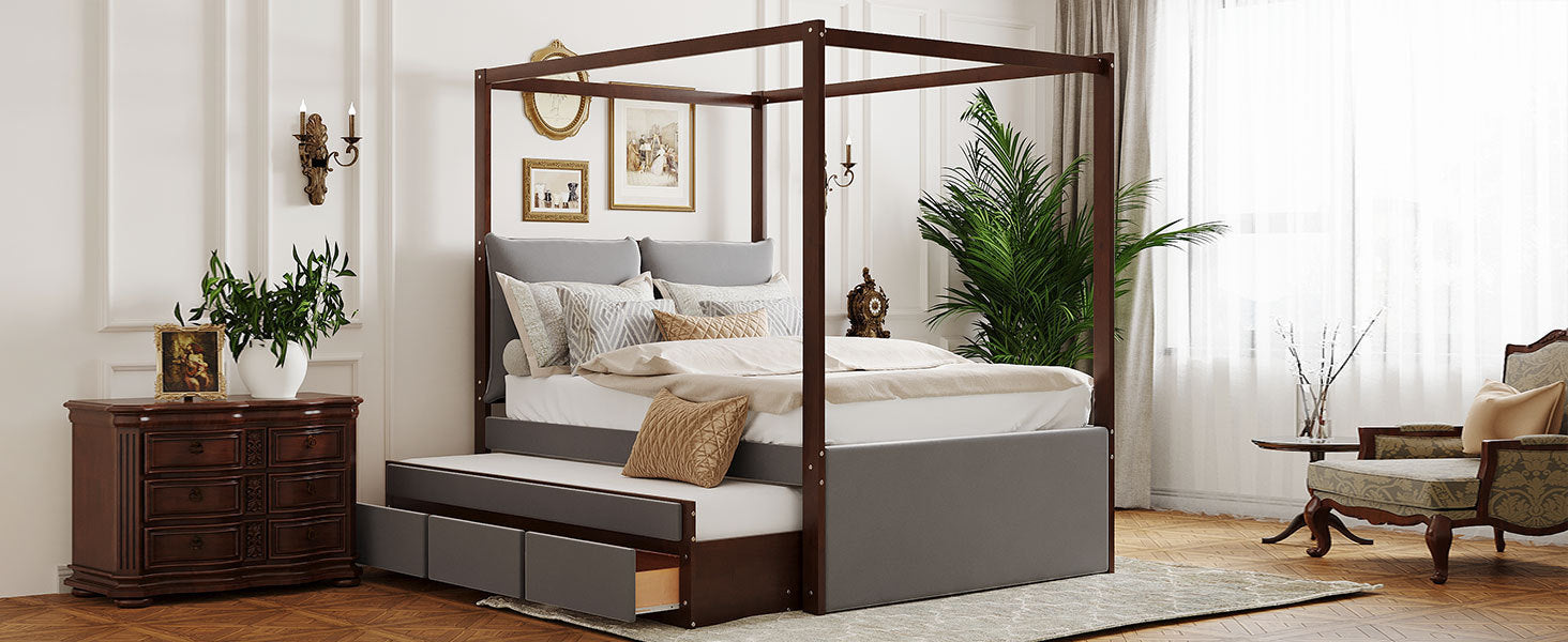 Full Size Upholstered  Canopy Bed with Trundle and 3 Drawers, Gray - Atlantic Fine Furniture Melbourne FL