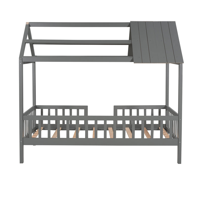 Twin Size Wood House Bed with Fence, Gray