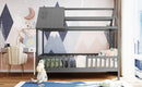 Twin Size Wood House Bed with Fence, Gray