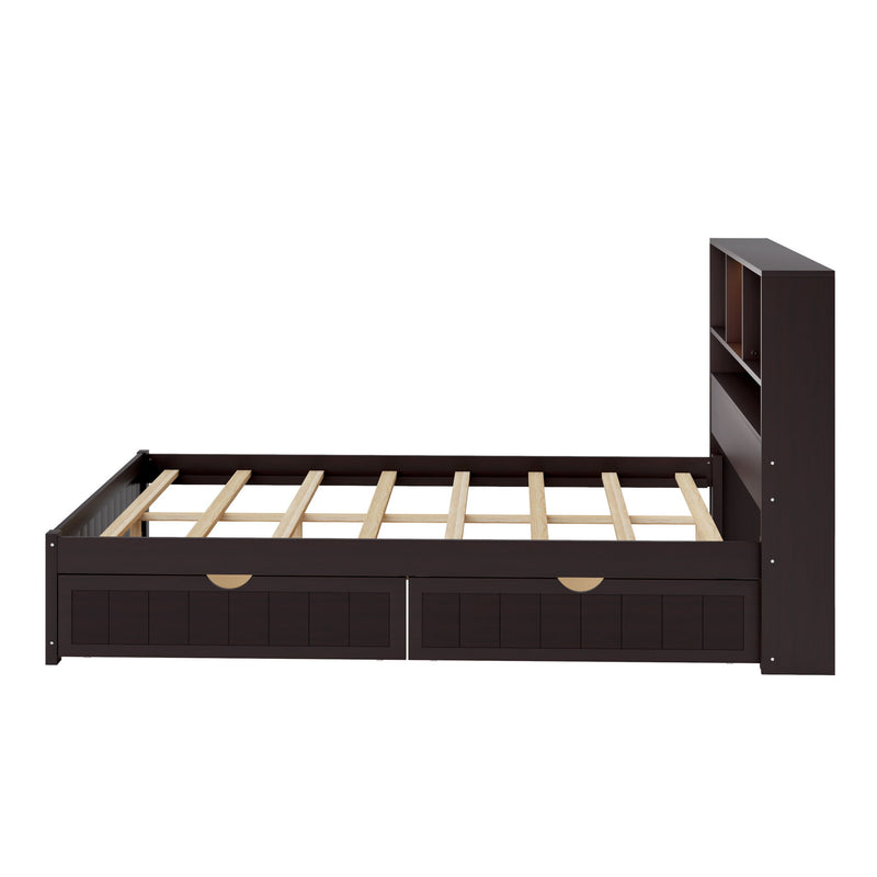 Platform Bed With Bookcase Headboard, Built-In Downlight, Charging Station, And 2 Side Drawers