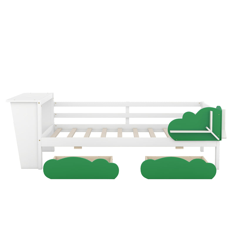 Twin Size Daybed with Desk, Green Leaf Shape Drawers and Shelves, White