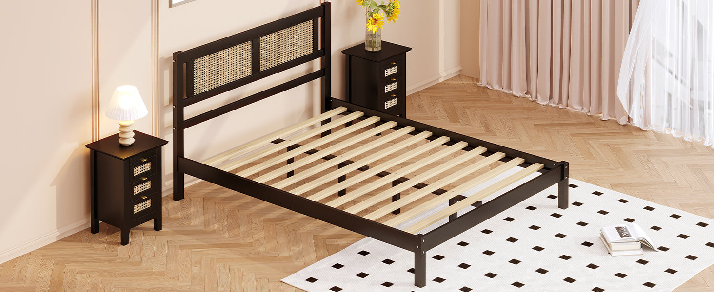Queen Size Wooden Platform Bed with Natural Rattan Headboard, Exquisite Elegance with Minimalist Charm for Bedroom, Black - Atlantic Fine Furniture Melbourne FL