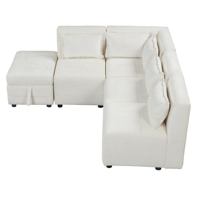 Free-Combined Sectional Sofa 5-seater Modular Couches with Storage Ottoman, 5 Pillows for Living Room, Bedroom, Office, Cream