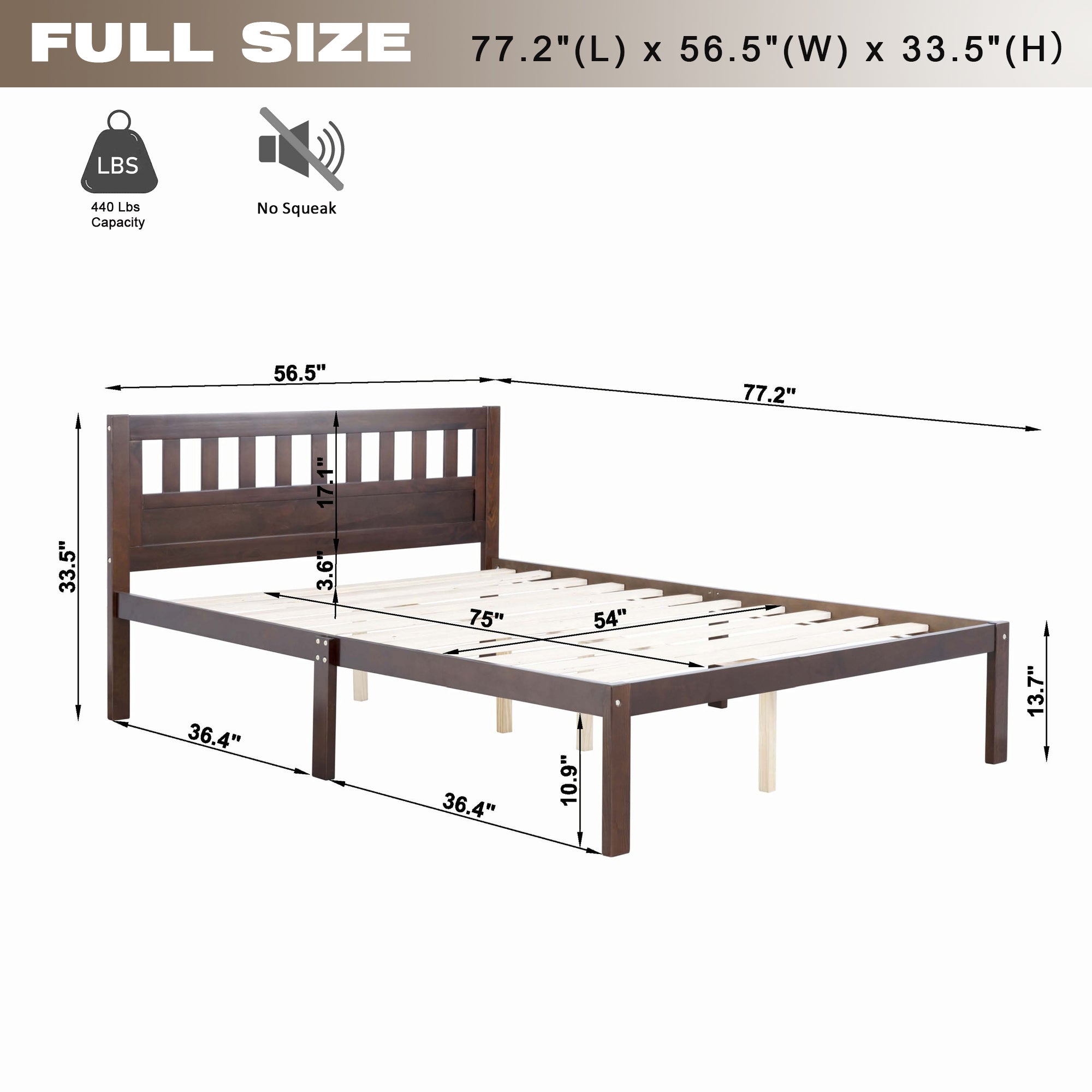 Full Size Bed, Wood Platform Bed Frame with Headboard For Kids, Slatted, Dark Walnut - Atlantic Fine Furniture Melbourne FL