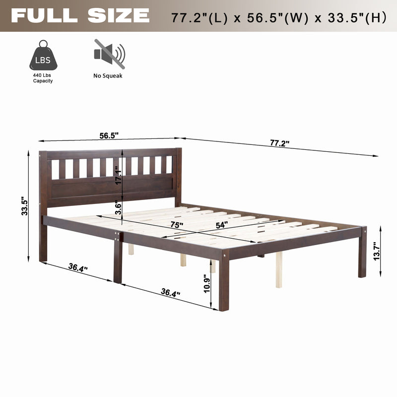 Full Size Bed, Wood Platform Bed Frame with Headboard For Kids, Slatted, Dark Walnut