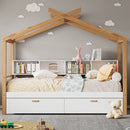 Wooden House Bed Original Wood Colored Frame With Bookshelf Storage Space