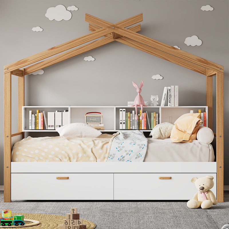 Full Size Wooden House Bed Original Wood Colored Frame With Two Drawers And Bookshelf Storage Space For Children Or Guest Room - White