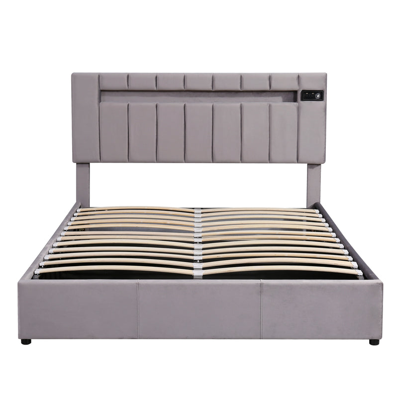 Upholstered Bed Queen Size with LED light, Bluetooth Player and USB Charging, Hydraulic Storage Bed in Gray Velvet Fabric