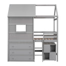 Twin Size House Loft Bed with Storage Desk and 3 Drawer Chest, Gray