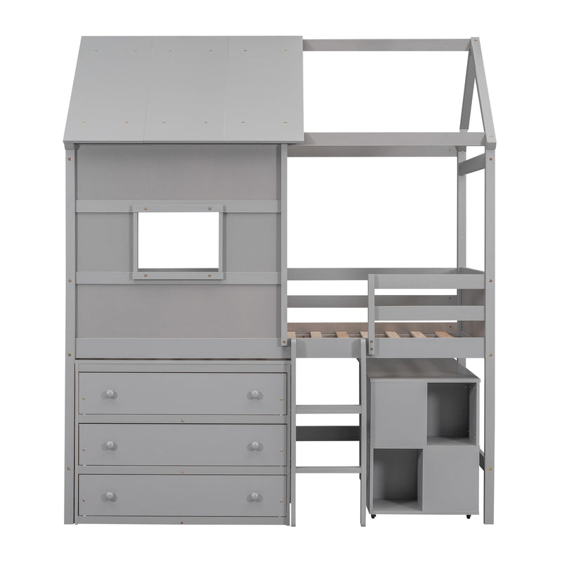 Twin Size House Loft Bed with Storage Desk and 3 Drawer Chest, Gray
