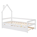 Twin House Wooden Daybed with trundle, Twin House-Shaped Headboard  bed with Guardrails,White
