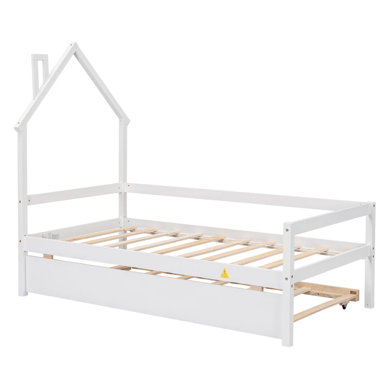 Twin House Wooden Daybed with trundle, Twin House-Shaped Headboard  bed with Guardrails,White