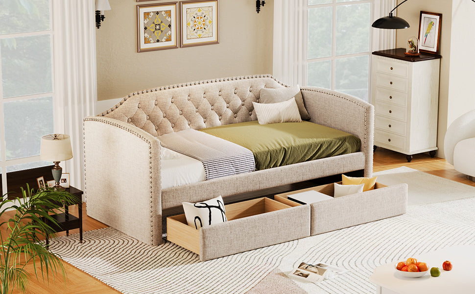 Twin Size Upholstered Daybed with Drawers for Guest Room, Small Bedroom, Study Room, Beige - Atlantic Fine Furniture Melbourne FL