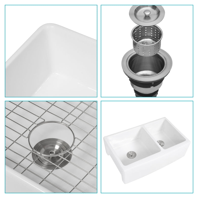 Sink 33" Double Bowl 60 / 40 Kitchen Sink With Deep Basin And Grids - White