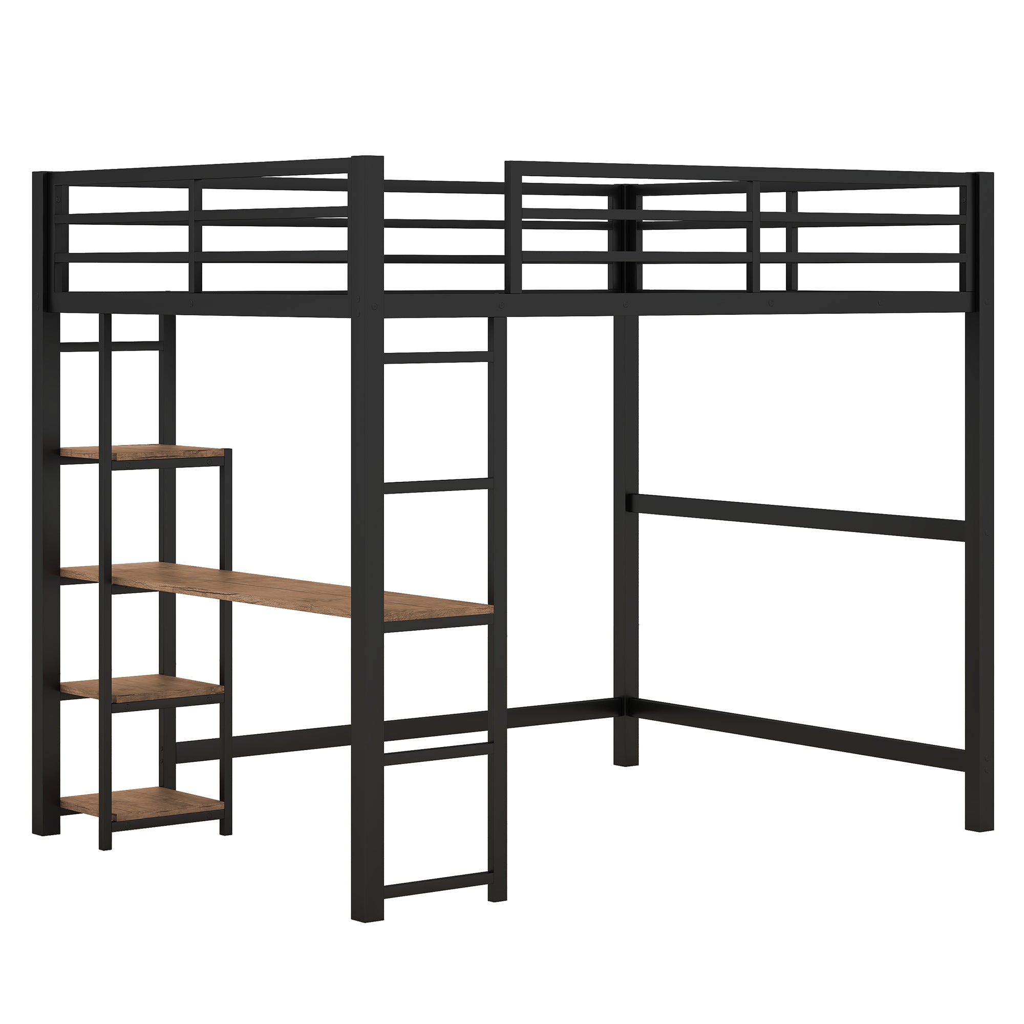 Full Size Metal Loft Bed with Built-in Desk and Storage Shelves, Black