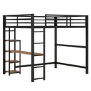 Full Size Metal Loft Bed with Built-in Desk and Storage Shelves, Black
