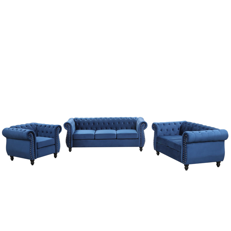 Modern Three Piece Sofa Set With Solid Wood Legs, Buttoned Tufted Backrest - Frosted Velvet Upholstered Sofa Set Including Three Seater Sofa, Double Seater And Living Room Furniture Set Single Chair