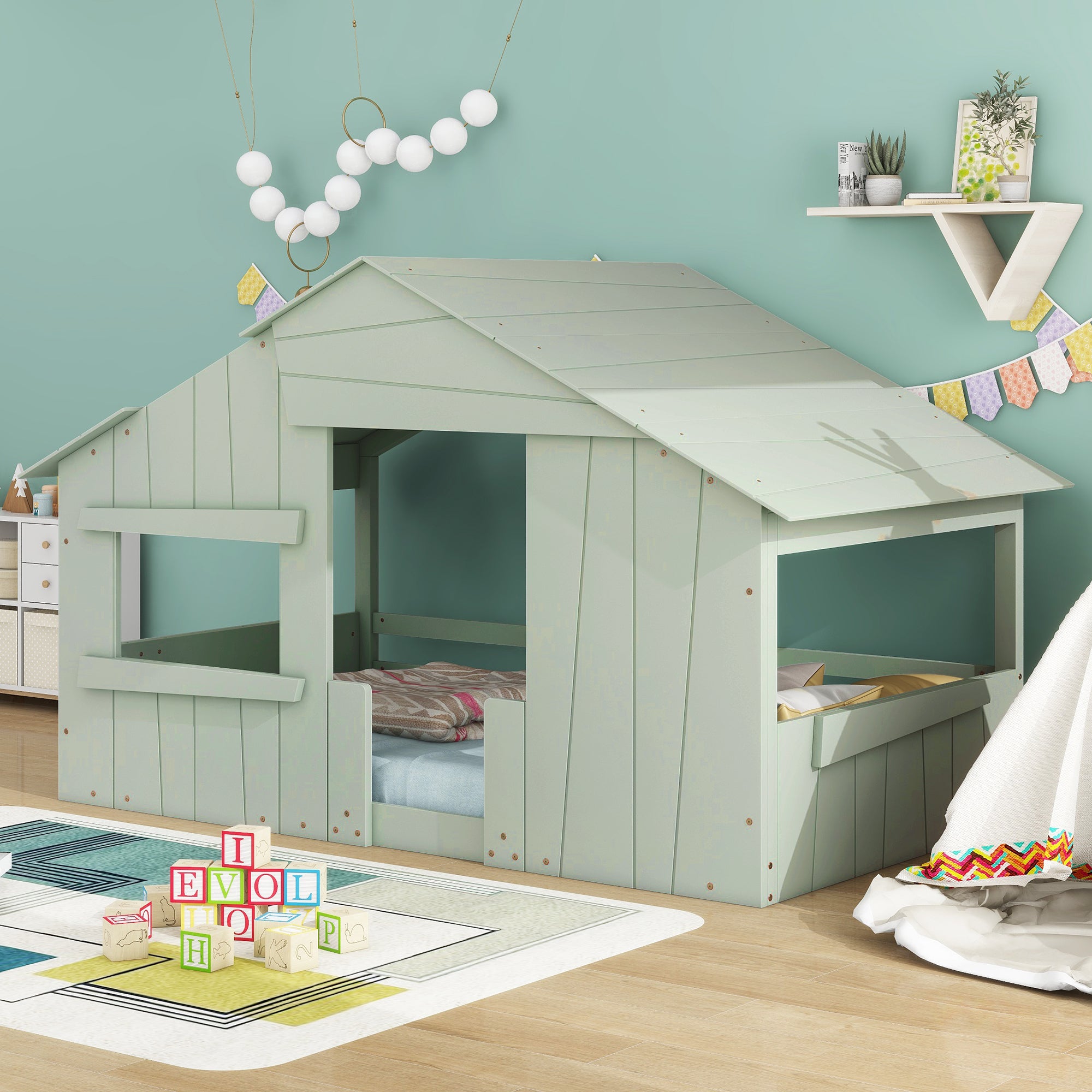 Wood Twin Size House Bed with Roof, Window and Guardrail, Light Green - Atlantic Fine Furniture Melbourne FL