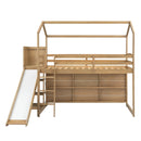 House Loft Bed With Slide, Storage Shelves And Light, Climbing Ramp