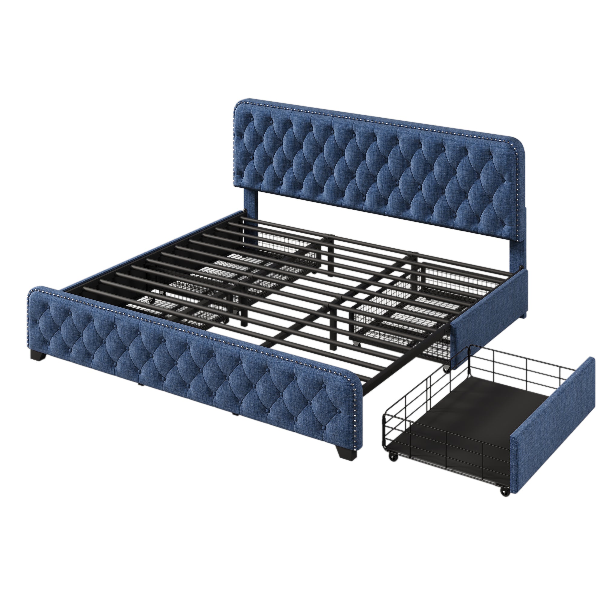 Upholstered Platform Bed Frame with Four Drawers, Button Tufted Headboard and Footboard Sturdy Metal Support, No Box Spring Required, Blue, King (Old sku: BS300277AAC) - Atlantic Fine Furniture Melbourne FL