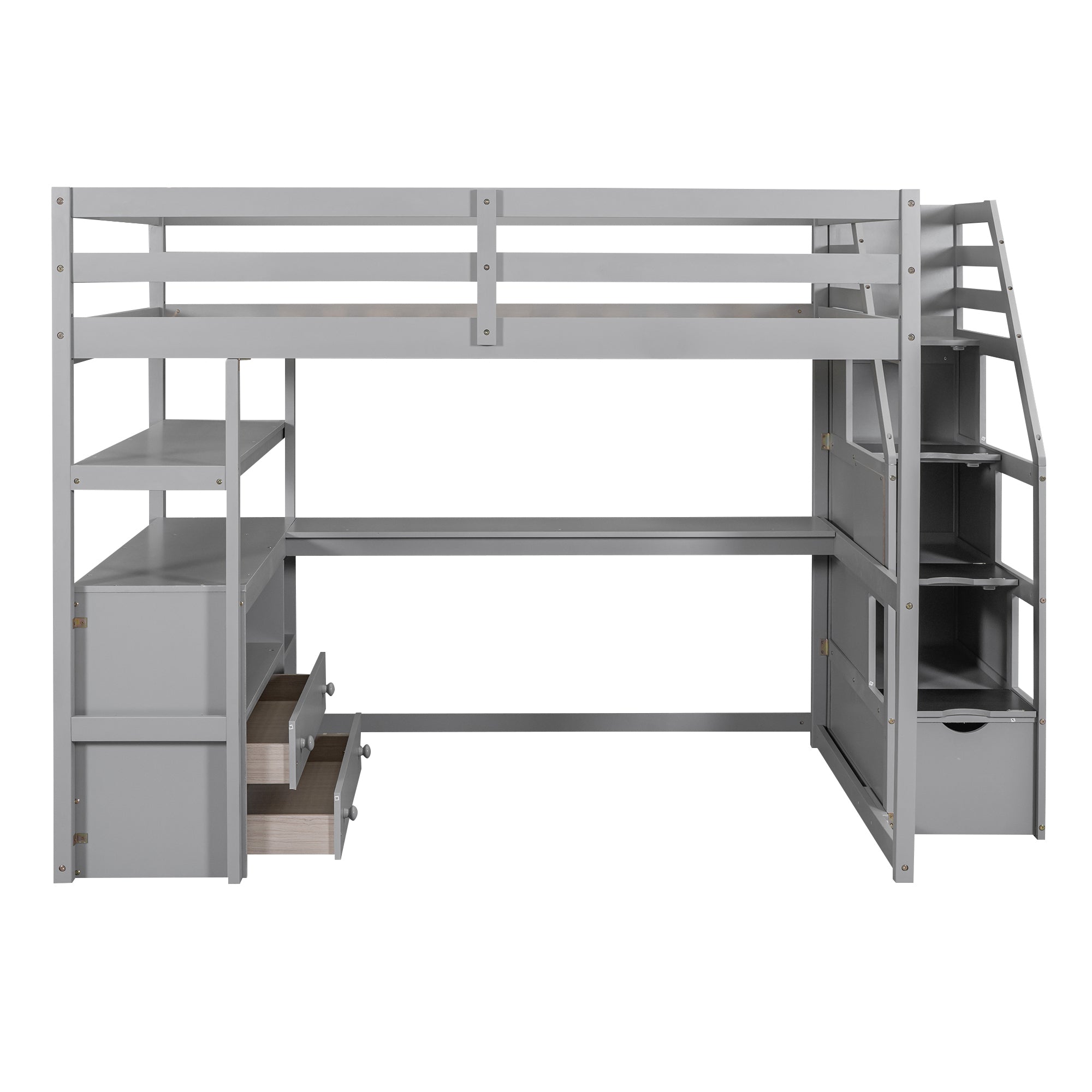 Full Size Loft Bed with Desk and Shelves, Two Built-in Drawers, Storage Staircase, Gray - Atlantic Fine Furniture Melbourne FL