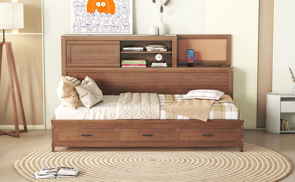 Twin Size Wooden Daybed with 3 Storage Drawers, Upper Soft Board, shelf, and a set of Sockets and USB Ports, Brown - Atlantic Fine Furniture Melbourne FL