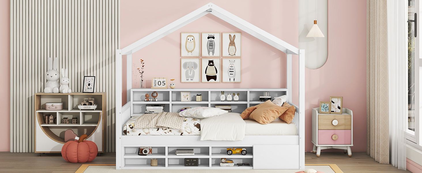 Twin Size Wooden House Bed with Shelves and a Mini-cabinet, White - Atlantic Fine Furniture Melbourne FL
