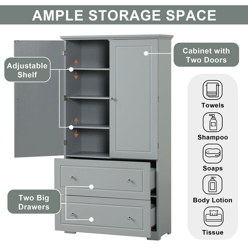 Wide Bathroom Storage Cabinet, Freestanding Storage Cabinet With Two Drawers And Adjustable Shelf, MDF Board With Painted Finish - Gray