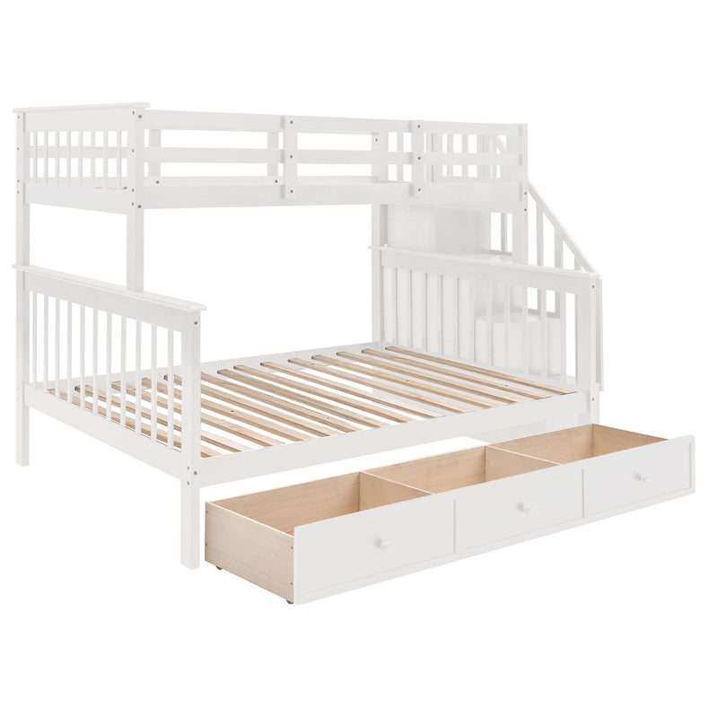 Twin Over Full Stairway Bunk Bed With Drawer, Storage And Guard Rail For Bedroom, Dorm, For Adults