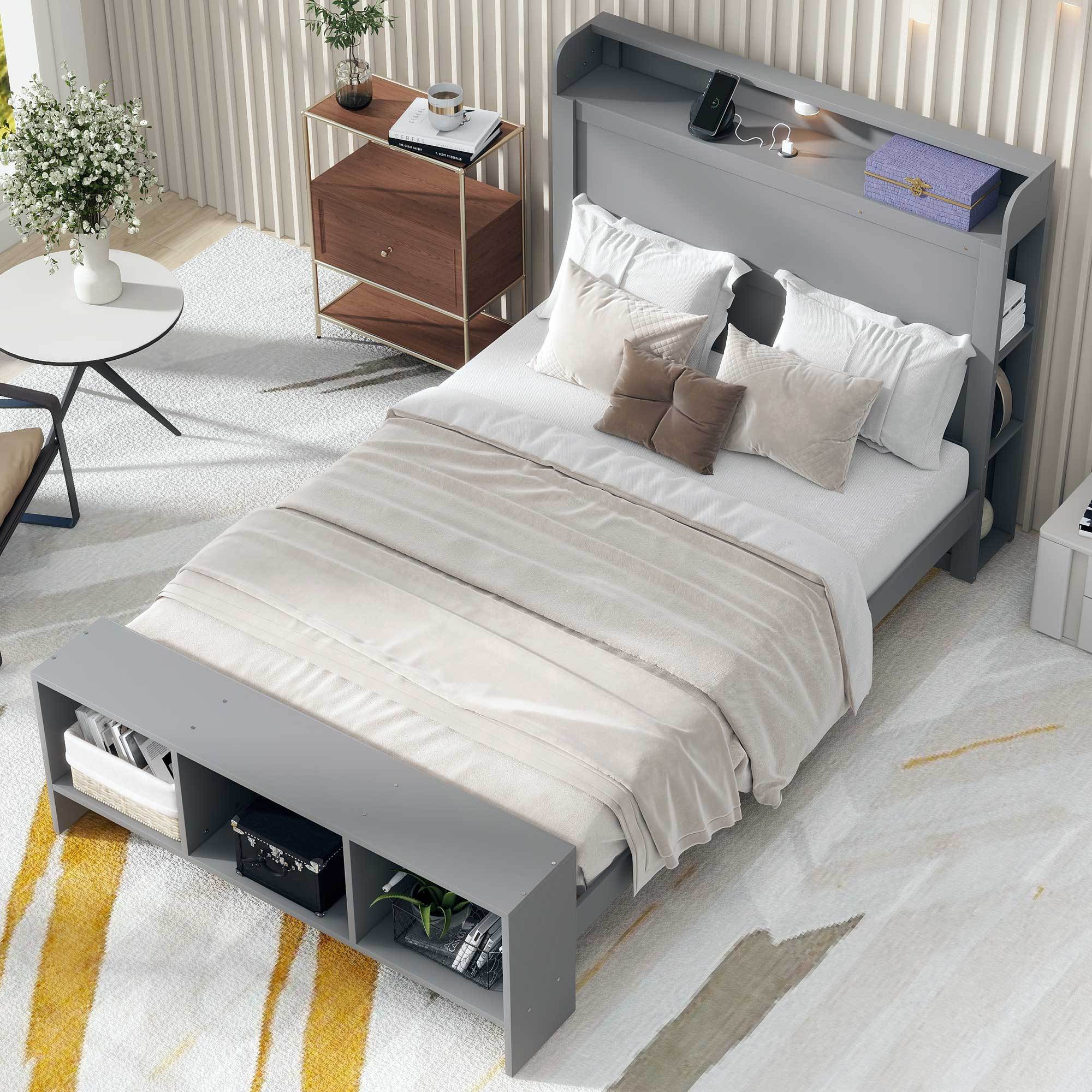 Full Size Platform Bed with built-in shelves, LED Light and USB ports, Gray - Atlantic Fine Furniture Melbourne FL